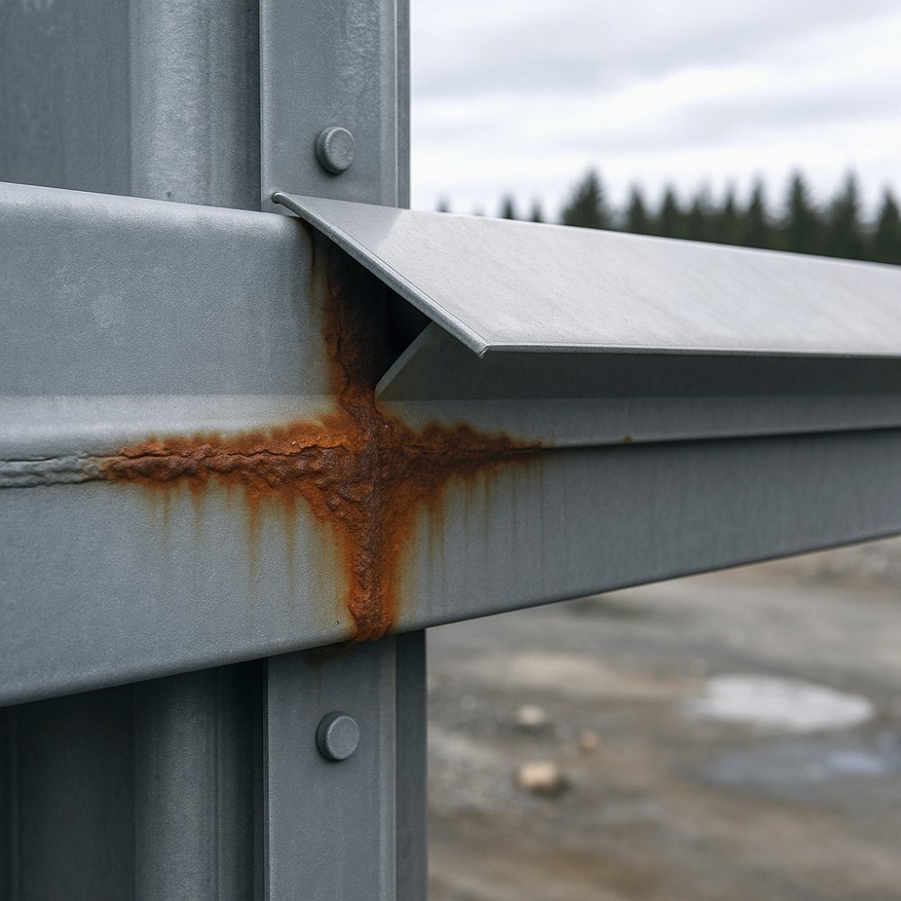 Close aerial inspection view of a steel structure showing rust along a welded joint and a lifted panel edge