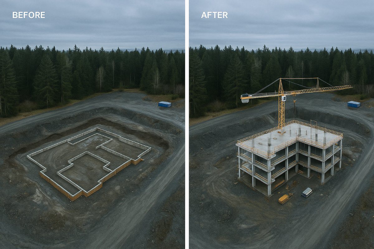 The same construction site photographed from an identical aerial position six weeks apart, foundations in the first frame and two floors of structure in the second