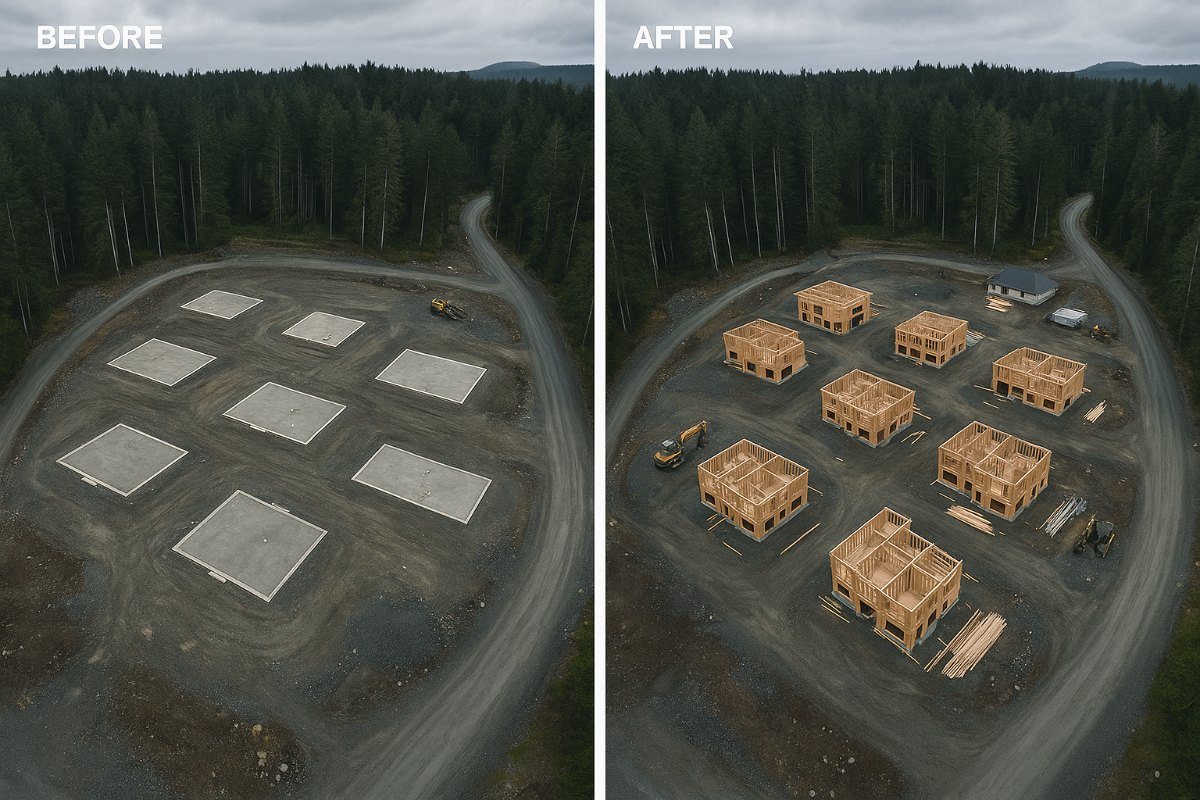 The same development site photographed from an identical aerial position weeks apart, graded pads in the first frame and framed structures in the second