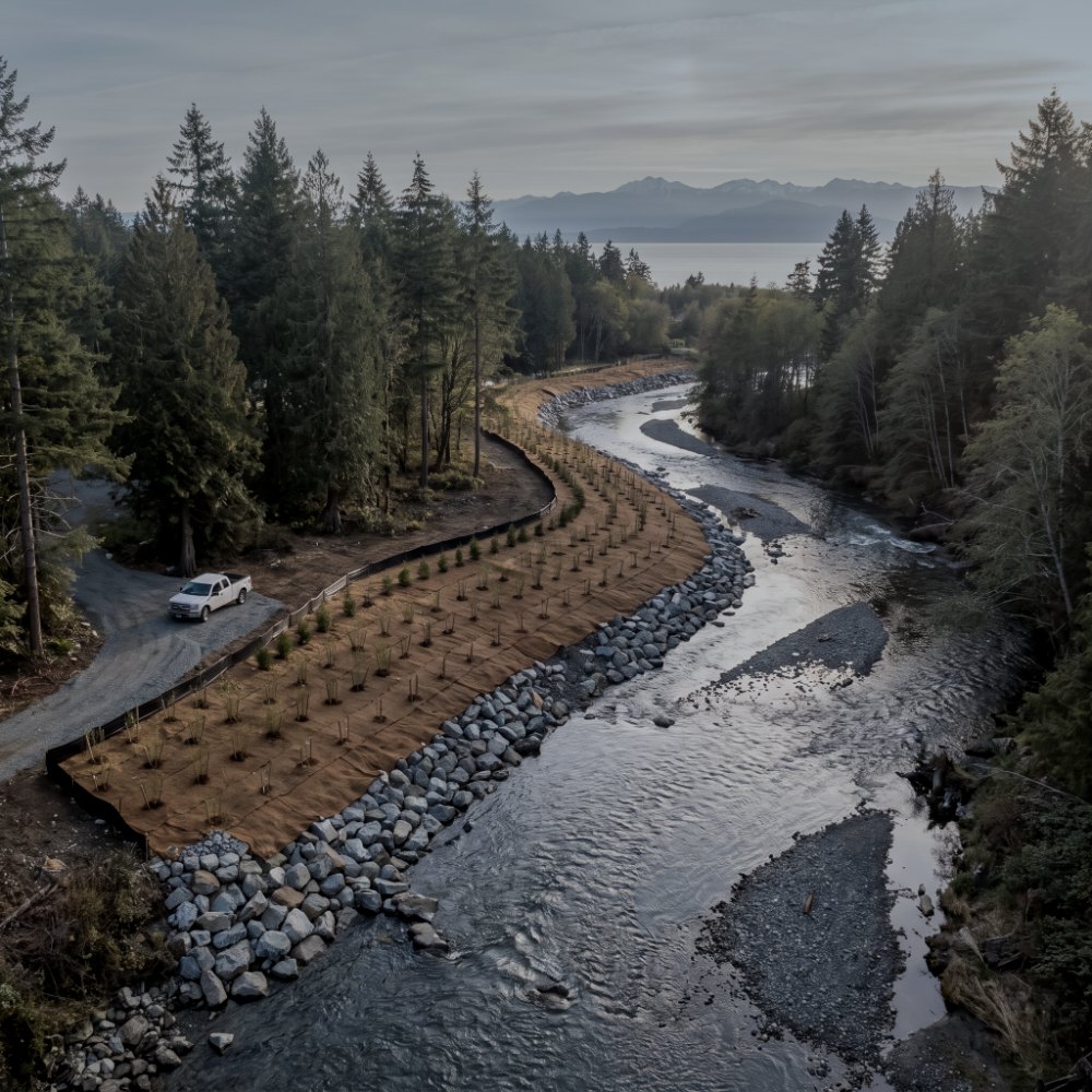 Aerial view of a restored creek bank armoured with riprap and planted with new trees, with forest either side