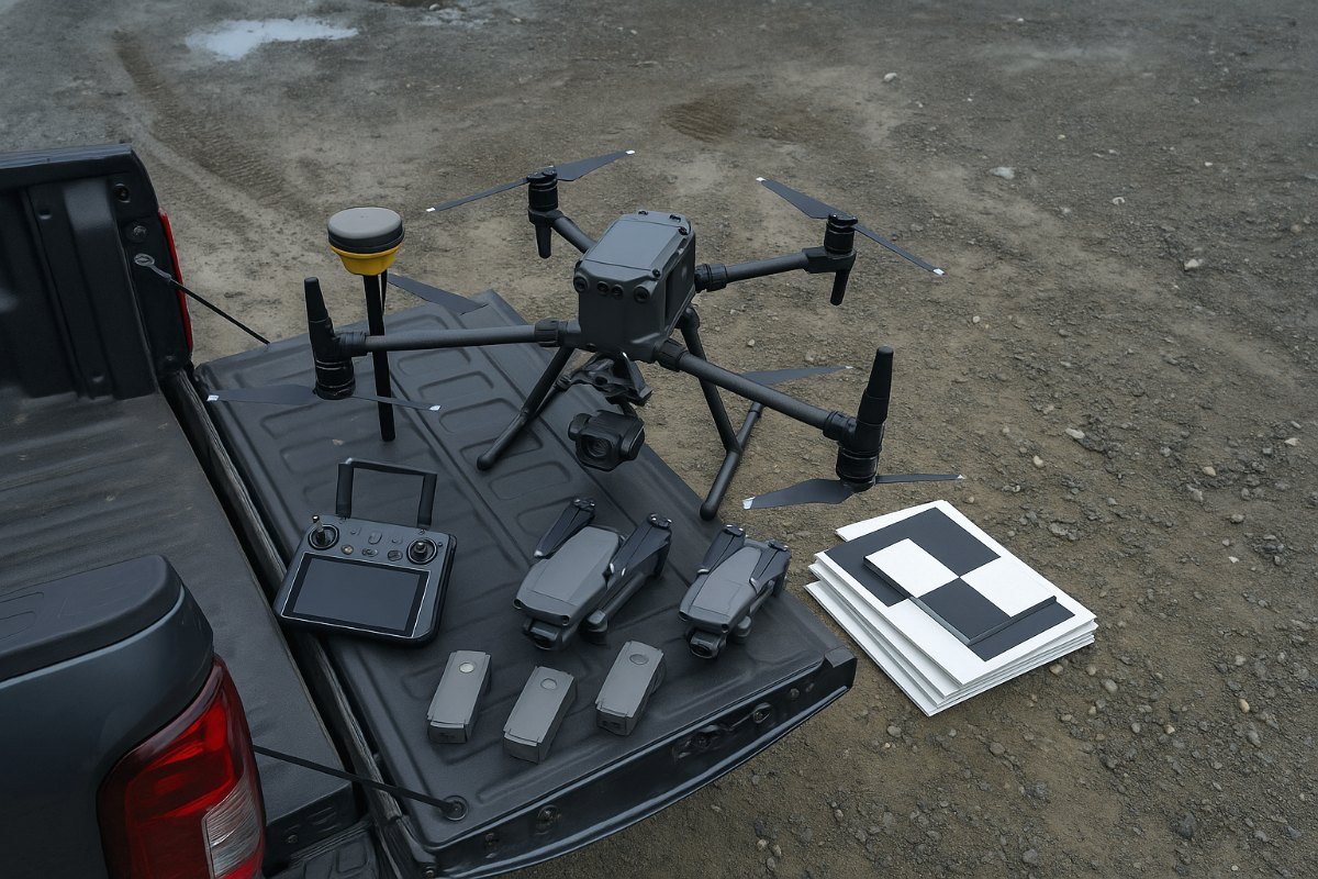 Drone survey kit laid out on a truck tailgate: the M350 RTK, two smaller folding drones, a GNSS receiver, a controller, spare batteries and survey targets