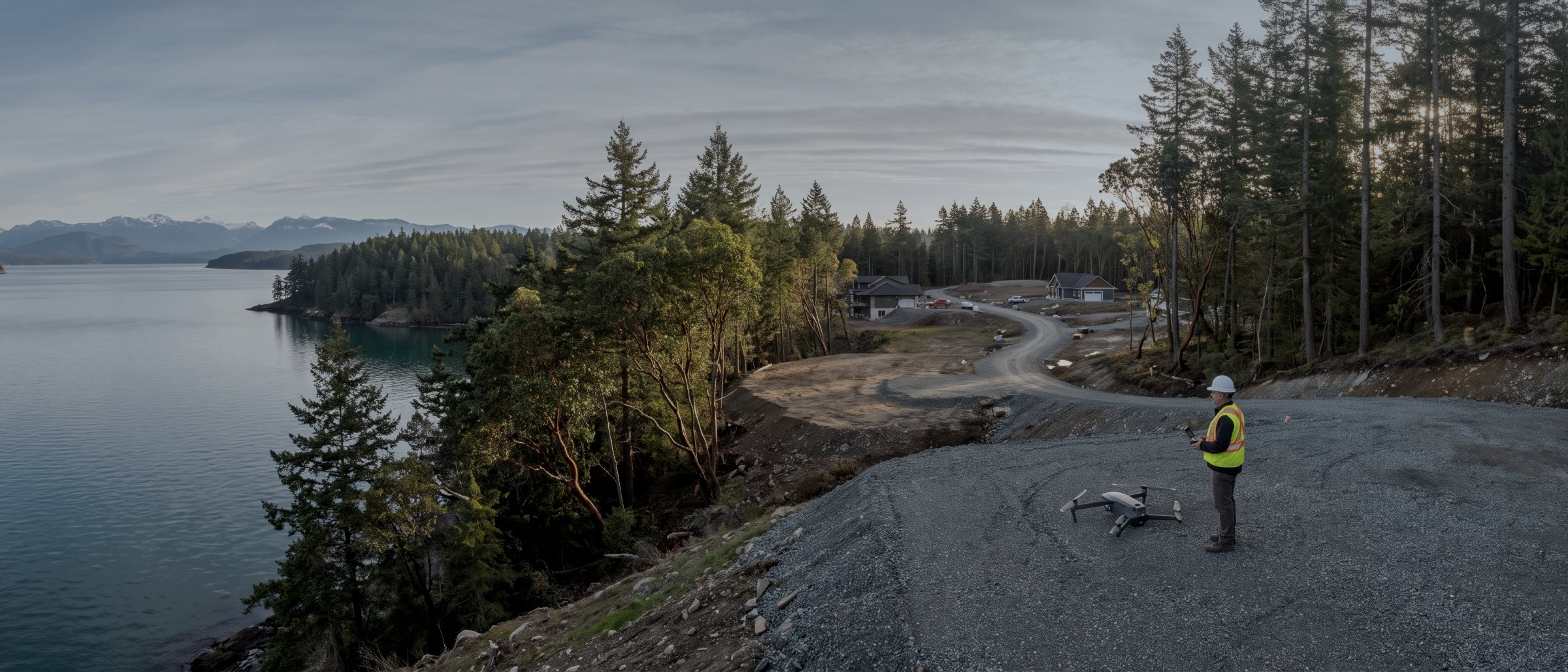 An Elite Drone Solutions pilot in hi-vis and hard hat beside a survey drone on a gravel pad above a Vancouver Island inlet