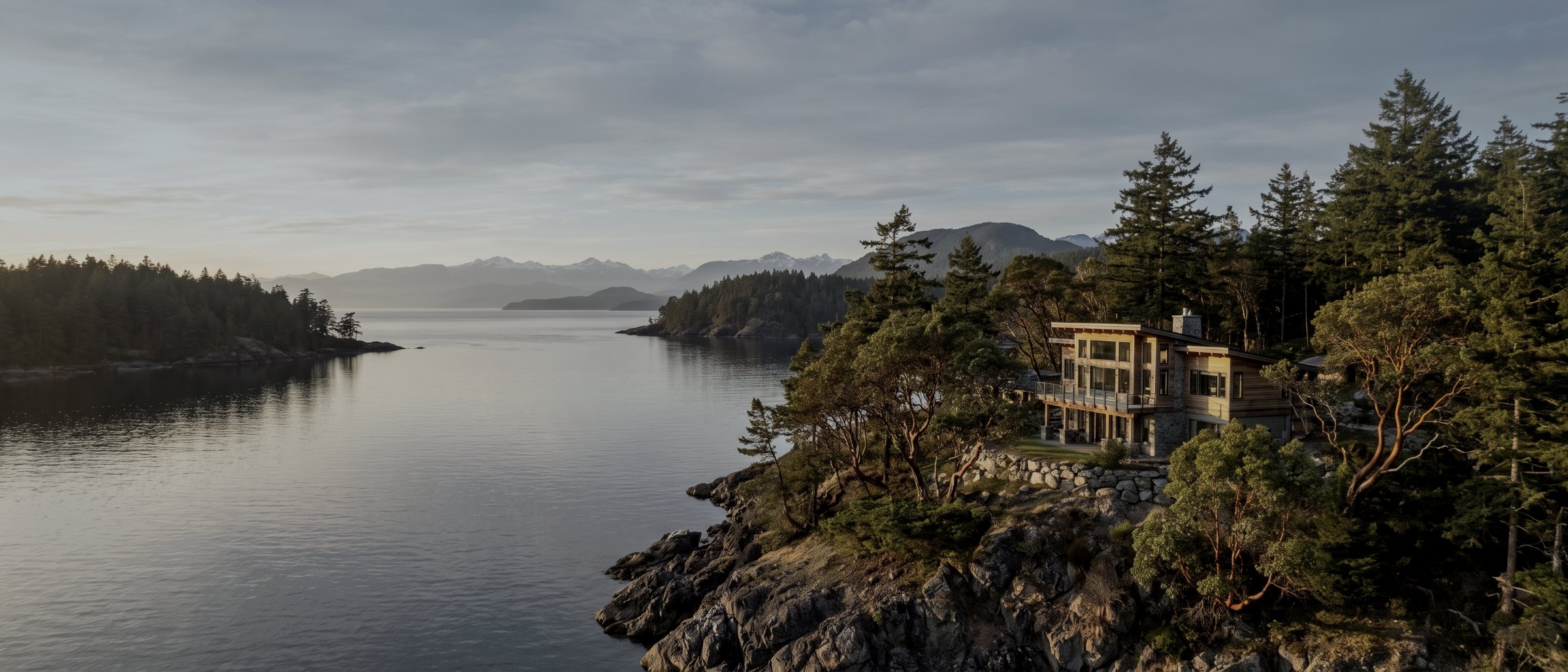 Aerial view of a waterfront home among arbutus on a rocky point, with a calm bay and mountains on the horizon