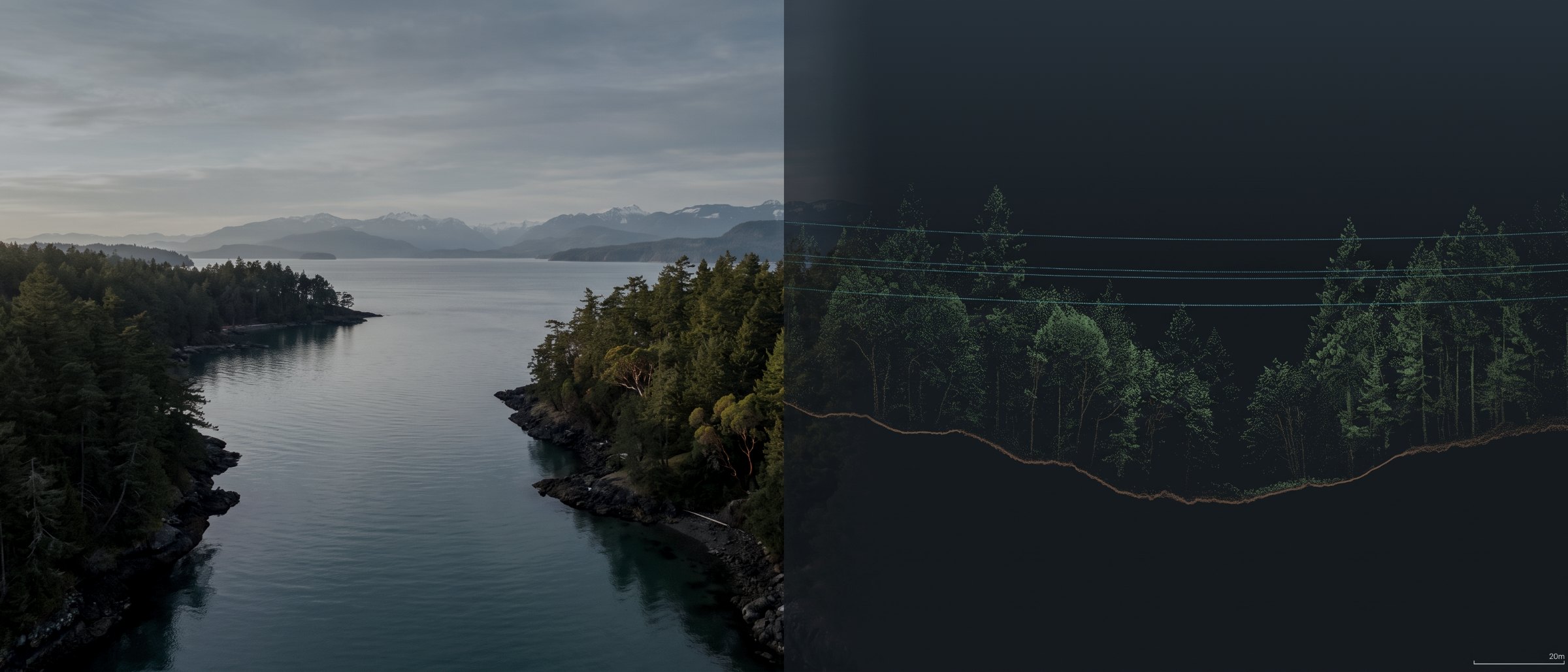 A forested Vancouver Island inlet beside a LiDAR cross-section of the same terrain