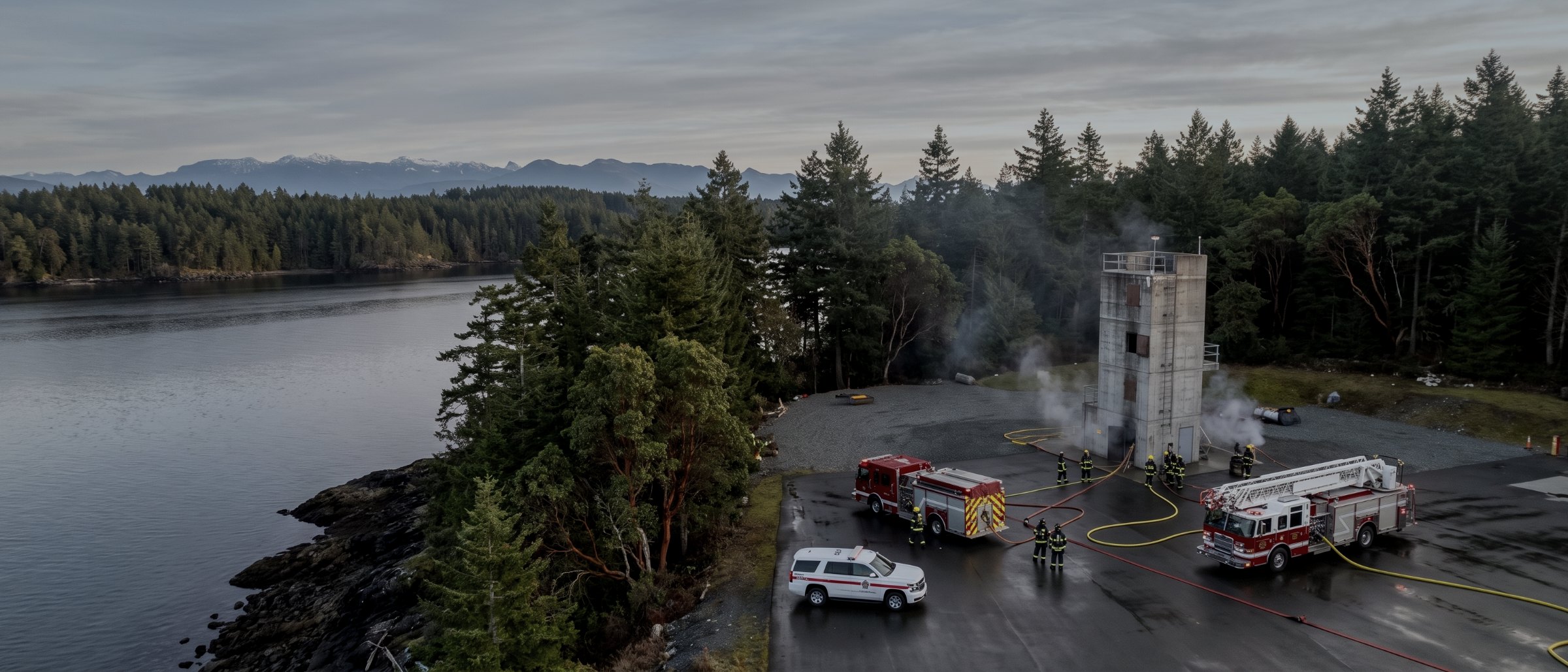 Aerial view of a fire service training exercise with engines and crews at a training tower near the coast