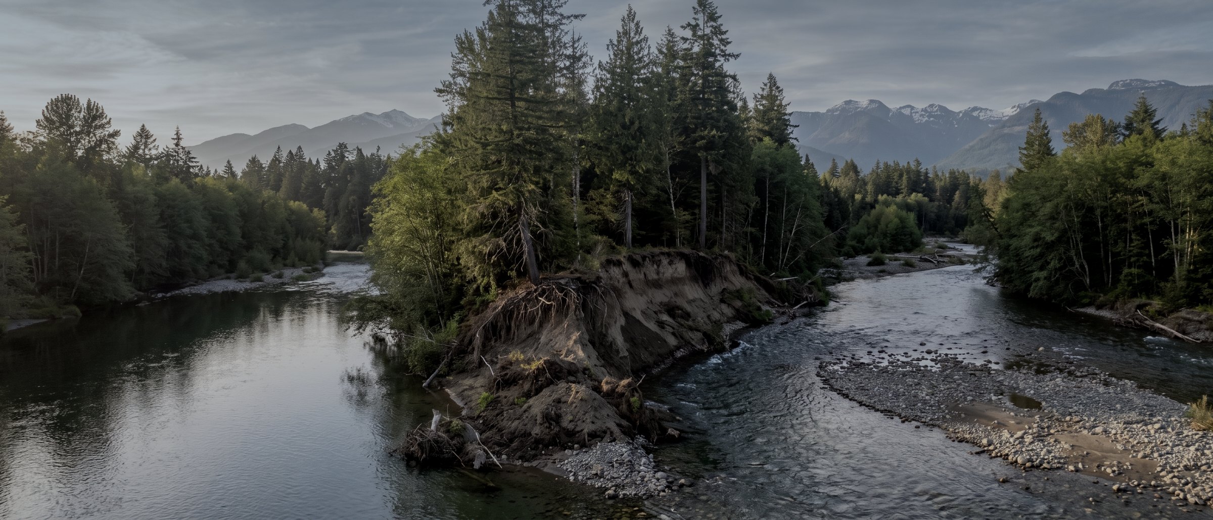 Aerial view of an eroding riverbank on Vancouver Island with exposed roots, gravel bars and forest either side