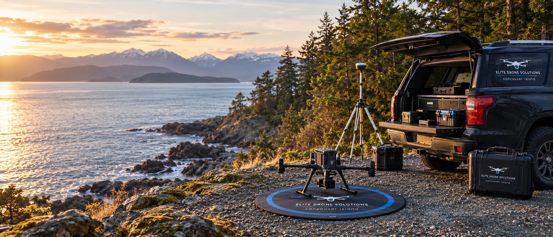 DJI M350 RTK on an Elite Drone Solutions landing pad beside a GNSS base station on a tripod and the crew truck with its tailgate open, on a gravel bluff above the Vancouver Island coast at sunset