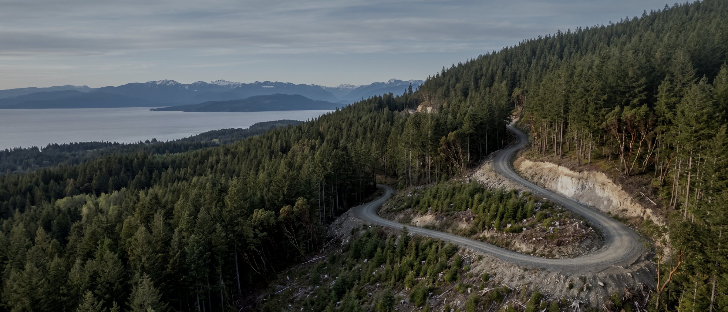 Aerial view of a forestry road switchbacking through second-growth Douglas fir above the ocean