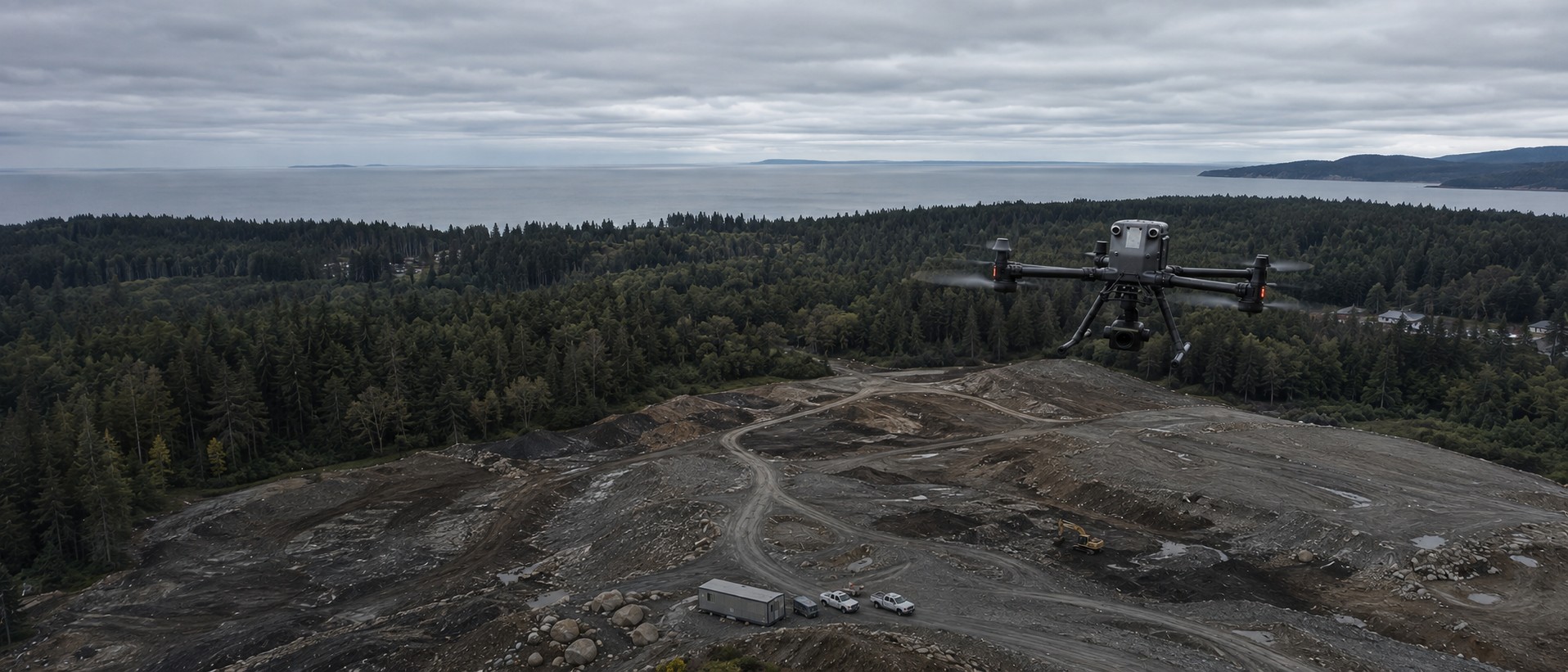 High aerial view over Vancouver Island showing three land uses at once: dense coastal forest, a large cleared industrial site with access roads, and the Strait beyond