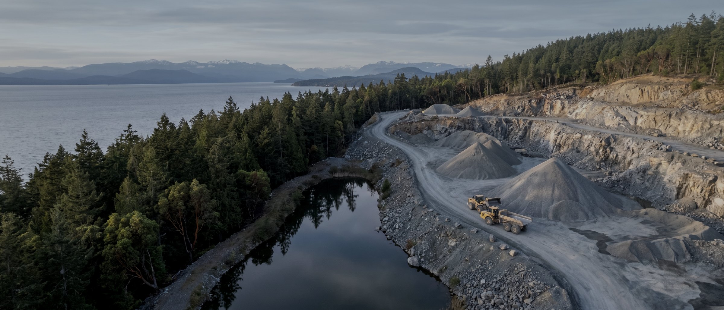 Aerial view of a coastal quarry with aggregate stockpiles, a haul road and a settling pond