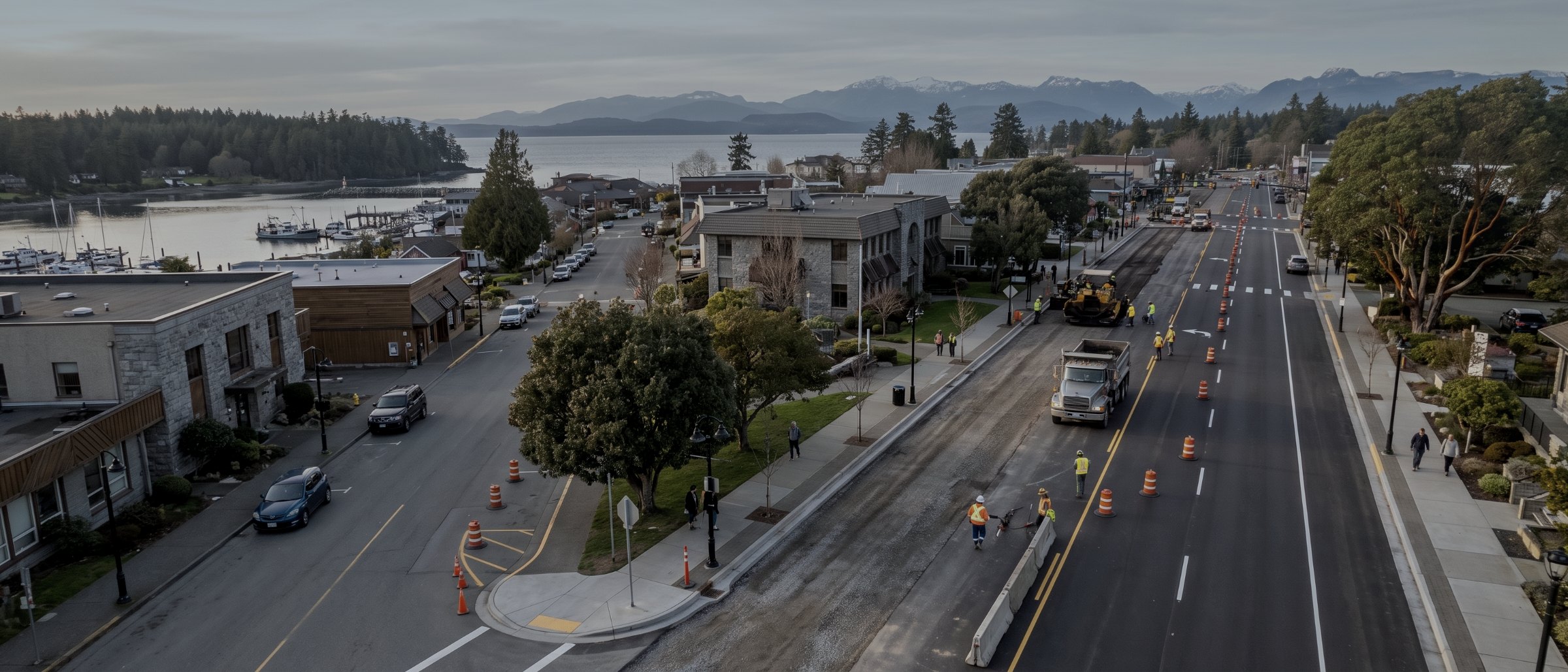 Aerial view of a road reconstruction through a Vancouver Island town centre with crews, cones and fresh line paint