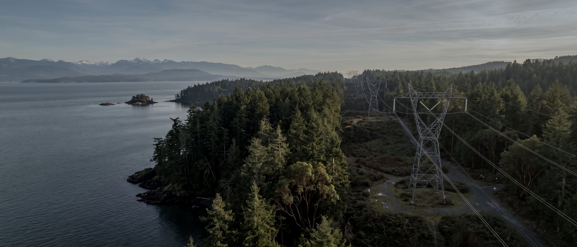 Aerial view of a high-voltage transmission corridor through coastal forest with the strait beyond