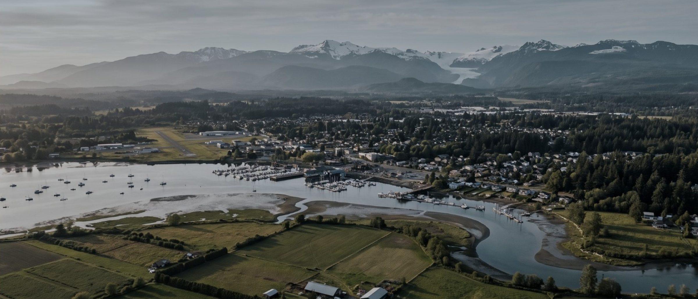 Aerial view over the Comox Valley with farmland, the estuary and the Beaufort Range behind