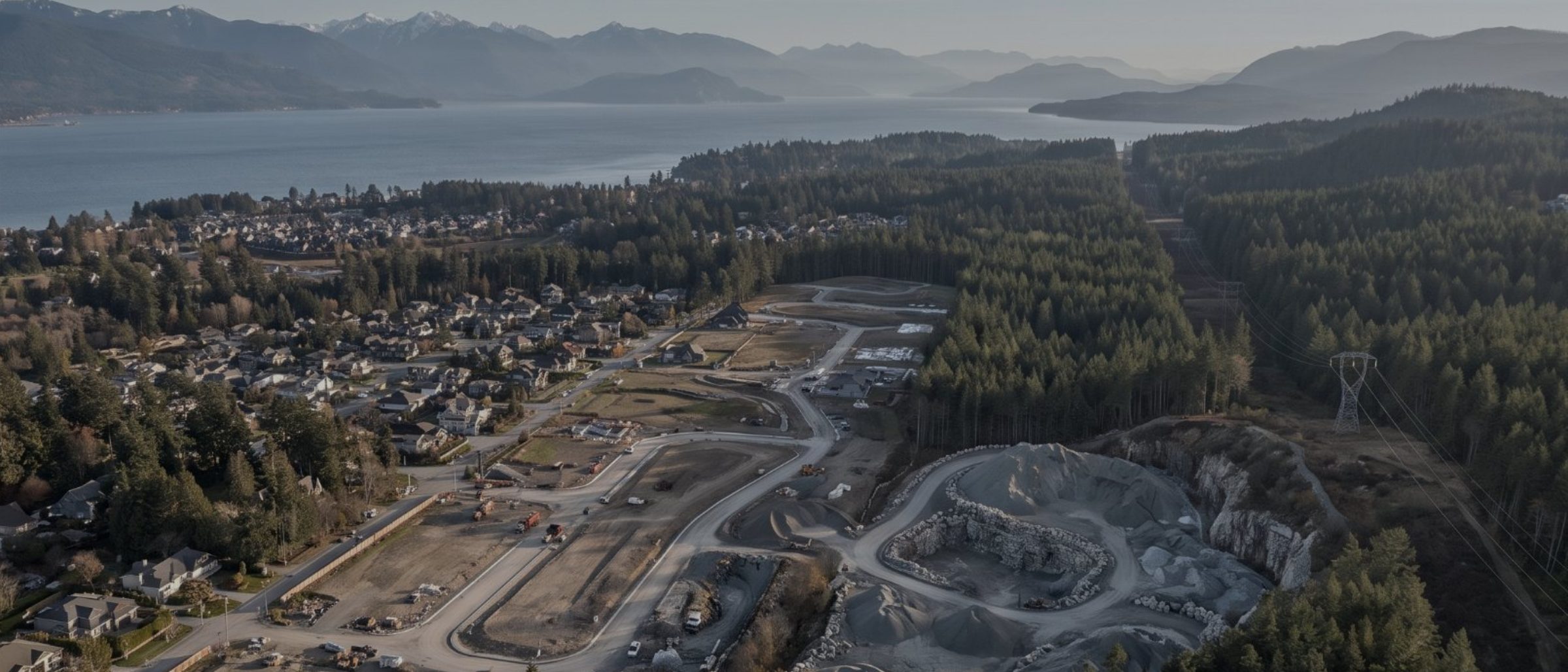 Aerial view over Vancouver Island showing a development site, forest and a coastal town