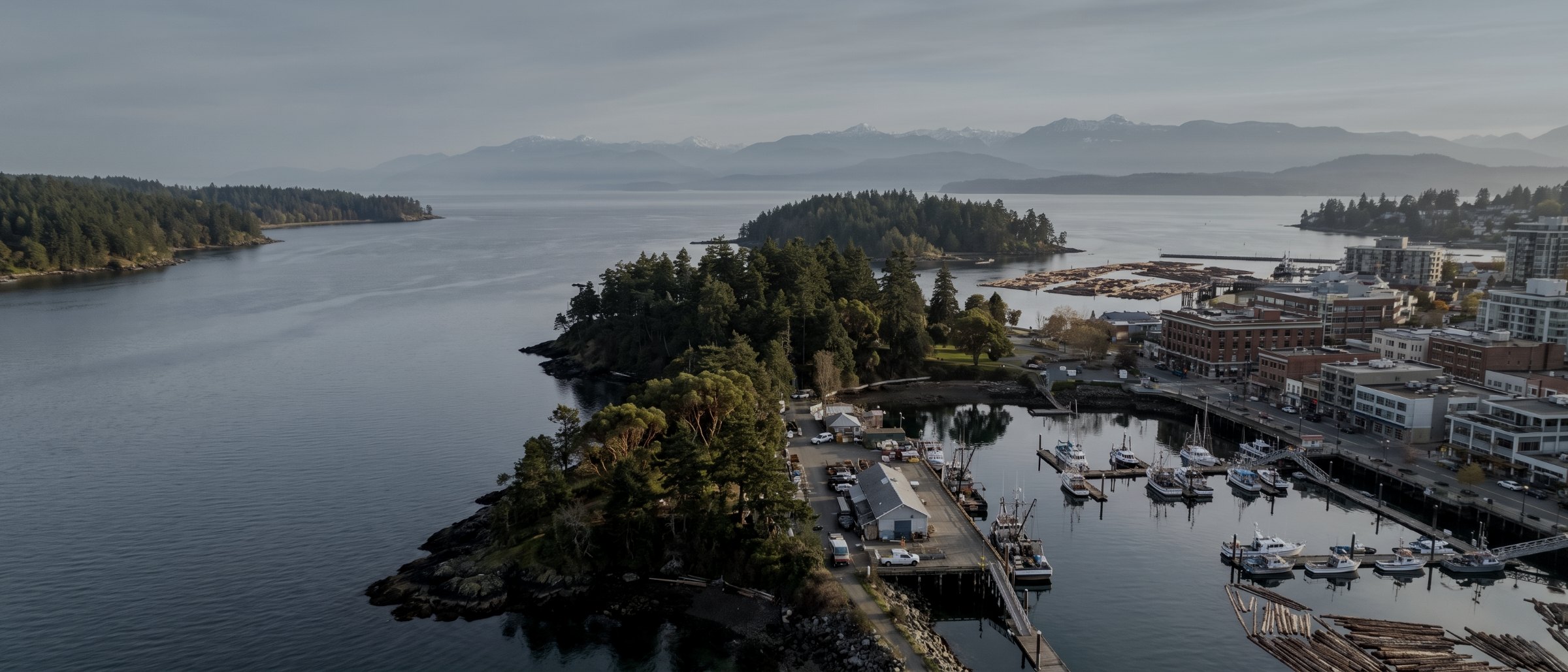 Aerial view over the Nanaimo waterfront with the harbour, boats and Newcastle Island