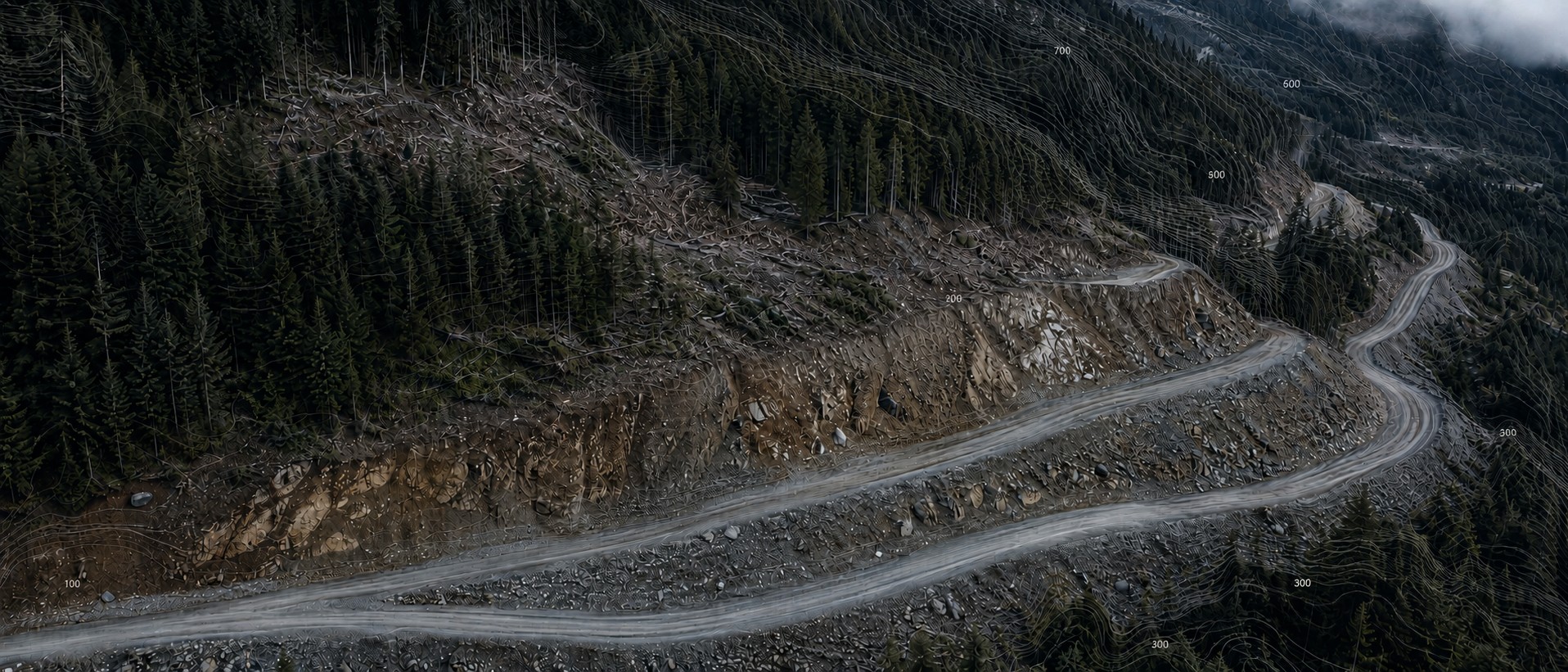 Aerial view of terrain on Vancouver Island captured for a drone topographic survey