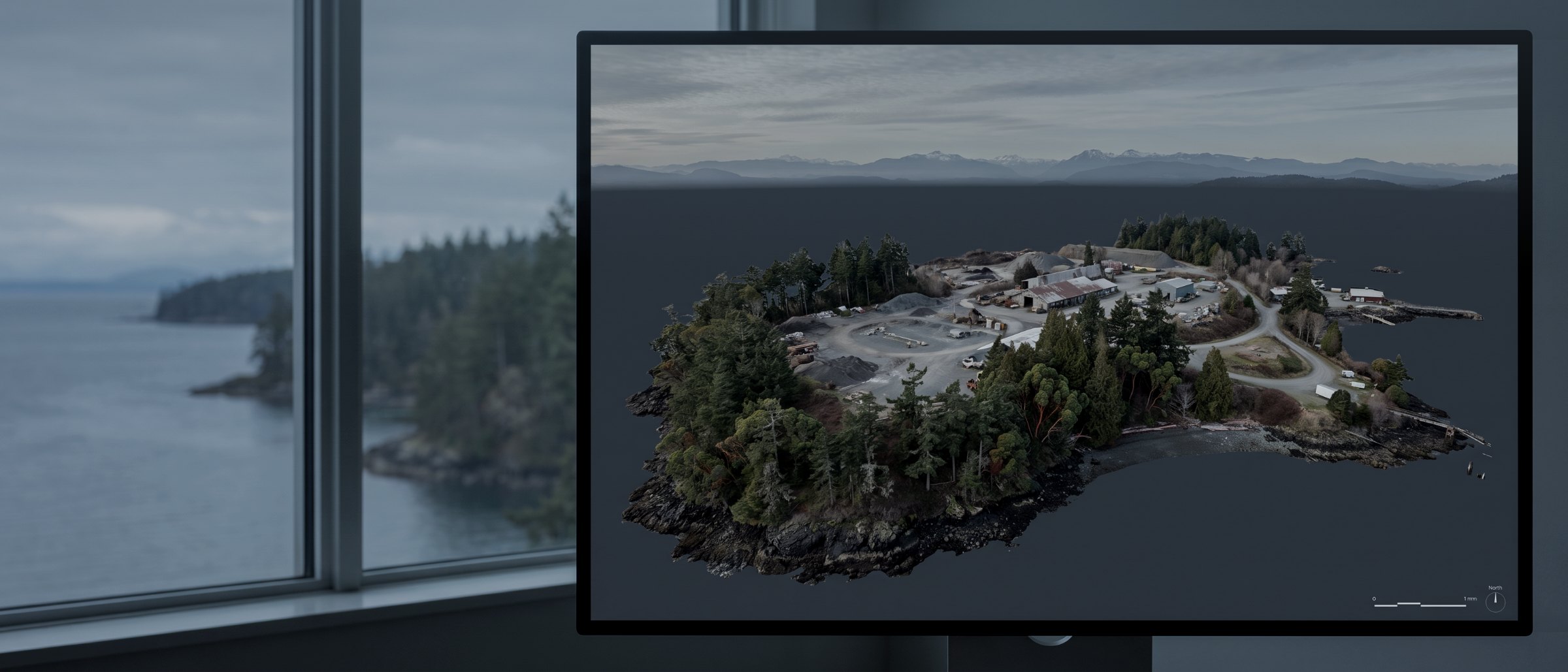 A textured 3D model of a coastal industrial site shown on a screen