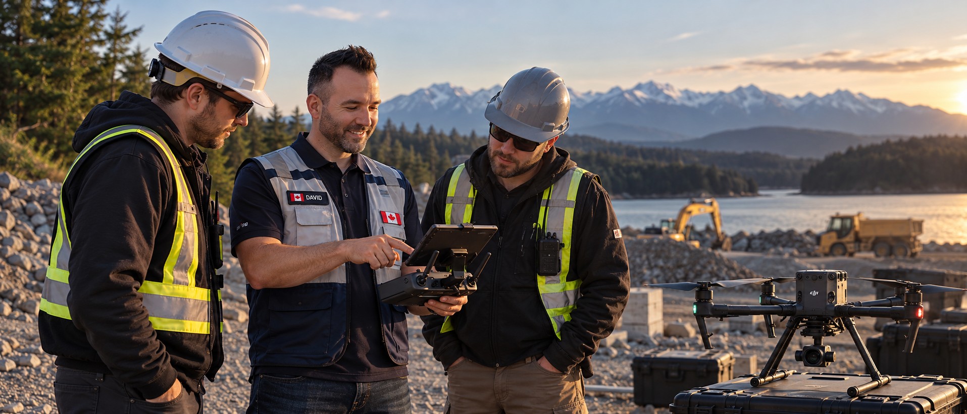 Elite Drone Solutions instructor showing two crew in hard hats and hi-vis vests the flight controller beside a DJI M350 RTK at a coastal gravel site, with snow-capped mountains at sunset beyond