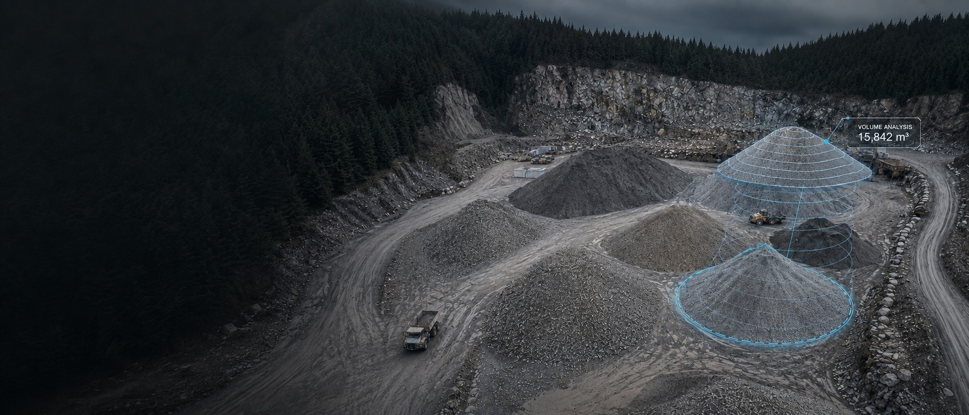 Aggregate stockpiles at a Vancouver Island yard seen from a survey drone