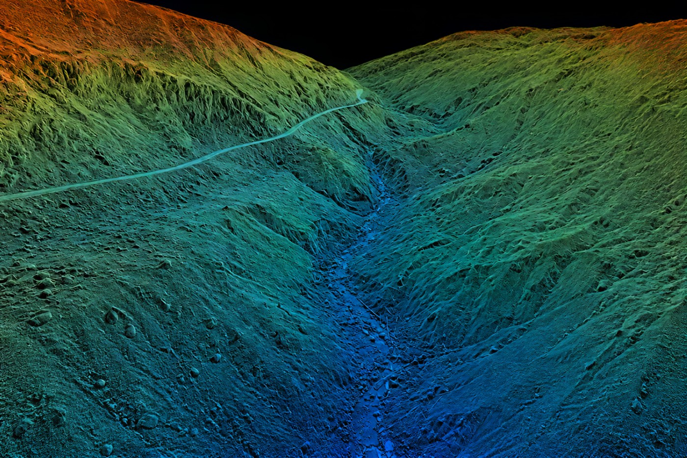 The same block as classified LiDAR data with vegetation removed, showing the terrain surface beneath the canopy
