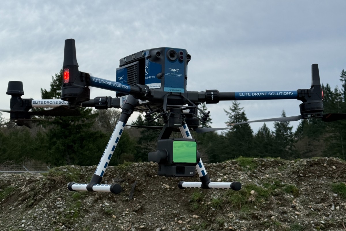 An Elite Drone Solutions DJI M350 RTK on the ground with the Zenmuse L2 LiDAR payload fitted, on a gravel pad at a Vancouver Island site