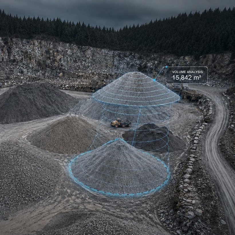 Aggregate stockpiles at a Vancouver Island quarry with the measured surface of one pile drawn over it and its volume labelled