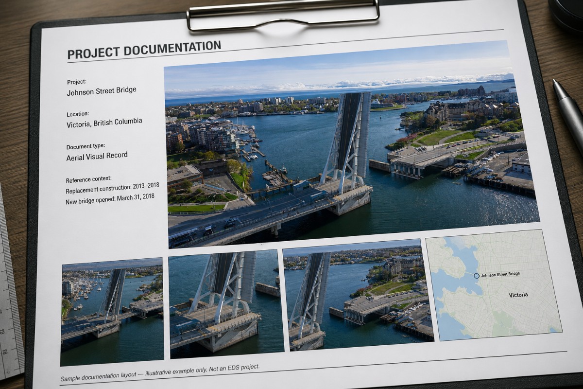 A project documentation sheet on a clipboard: aerial views of the Johnson Street Bridge in Victoria alongside project, location, document type and reference fields, and a location map