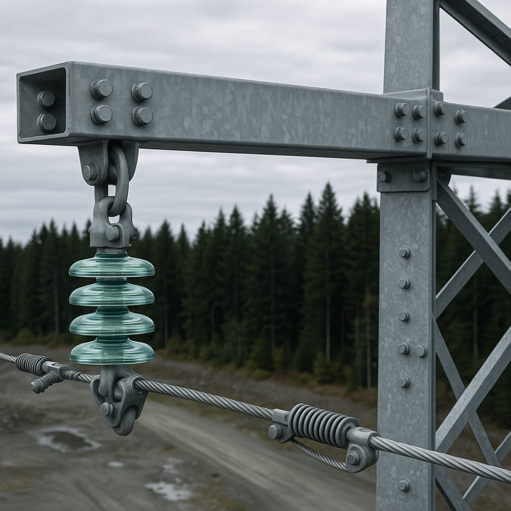 Close aerial view level with a transmission tower crossarm showing the insulator string, fittings, dampers and conductor clamp