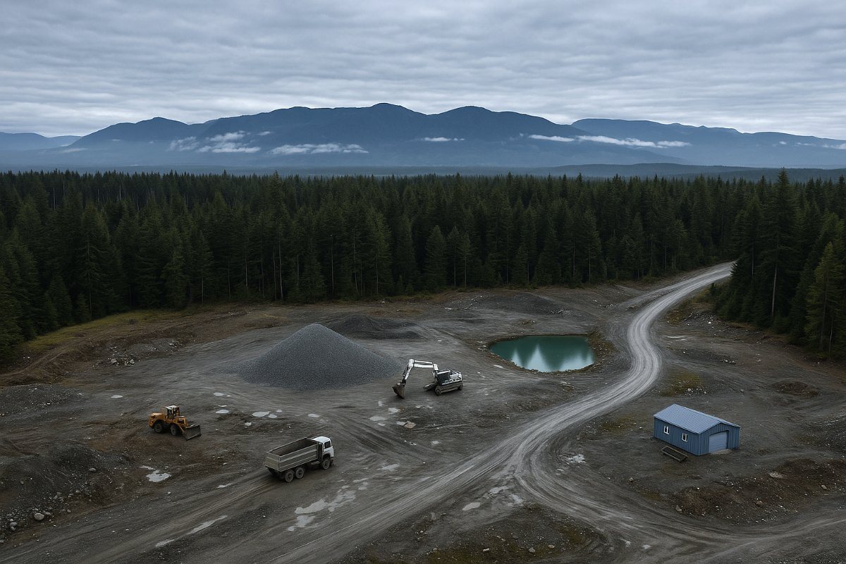 High oblique aerial view of a site in the Comox Valley with the Beaufort Range behind