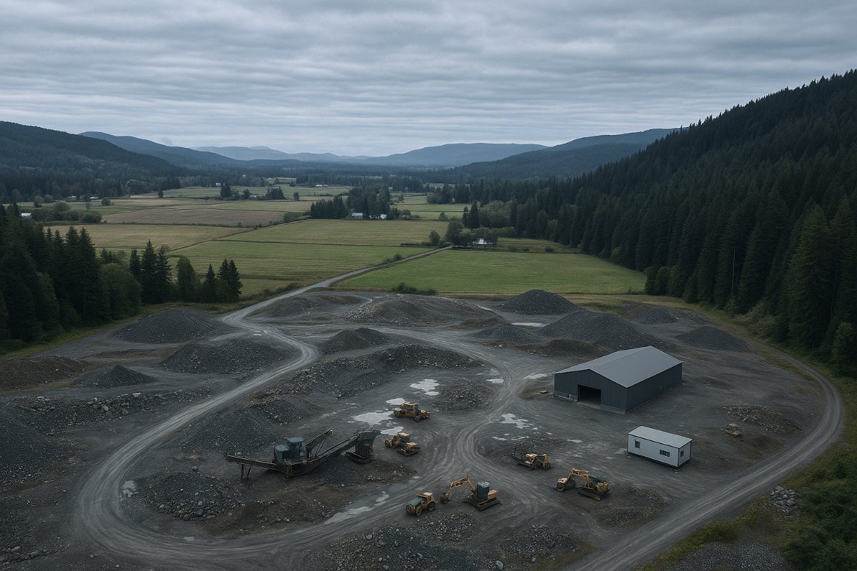 High oblique aerial view of a rural site in the Cowichan Valley surrounded by farmland and forested slopes