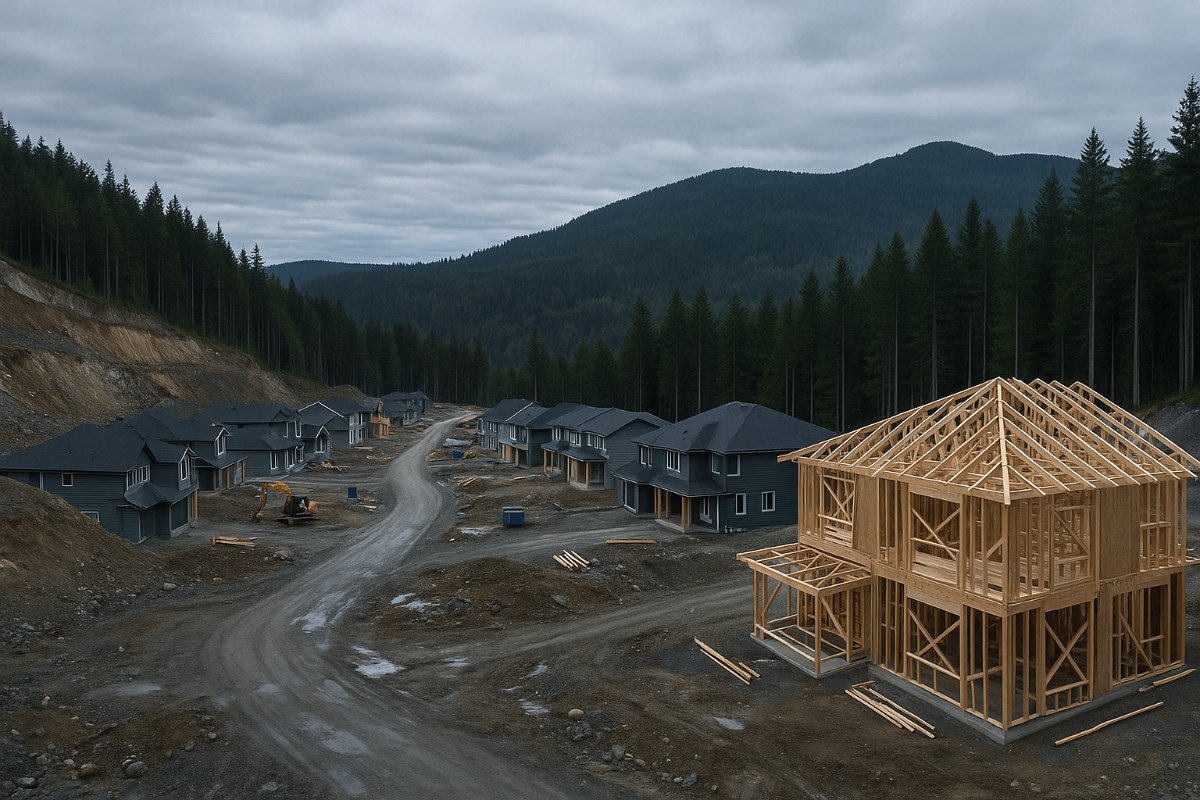 High oblique aerial view of a Westshore residential development under construction with forested hills behind