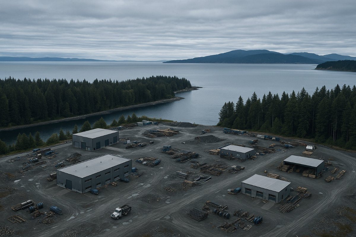 High oblique aerial view of an industrial waterfront yard near Nanaimo with the Strait of Georgia beyond