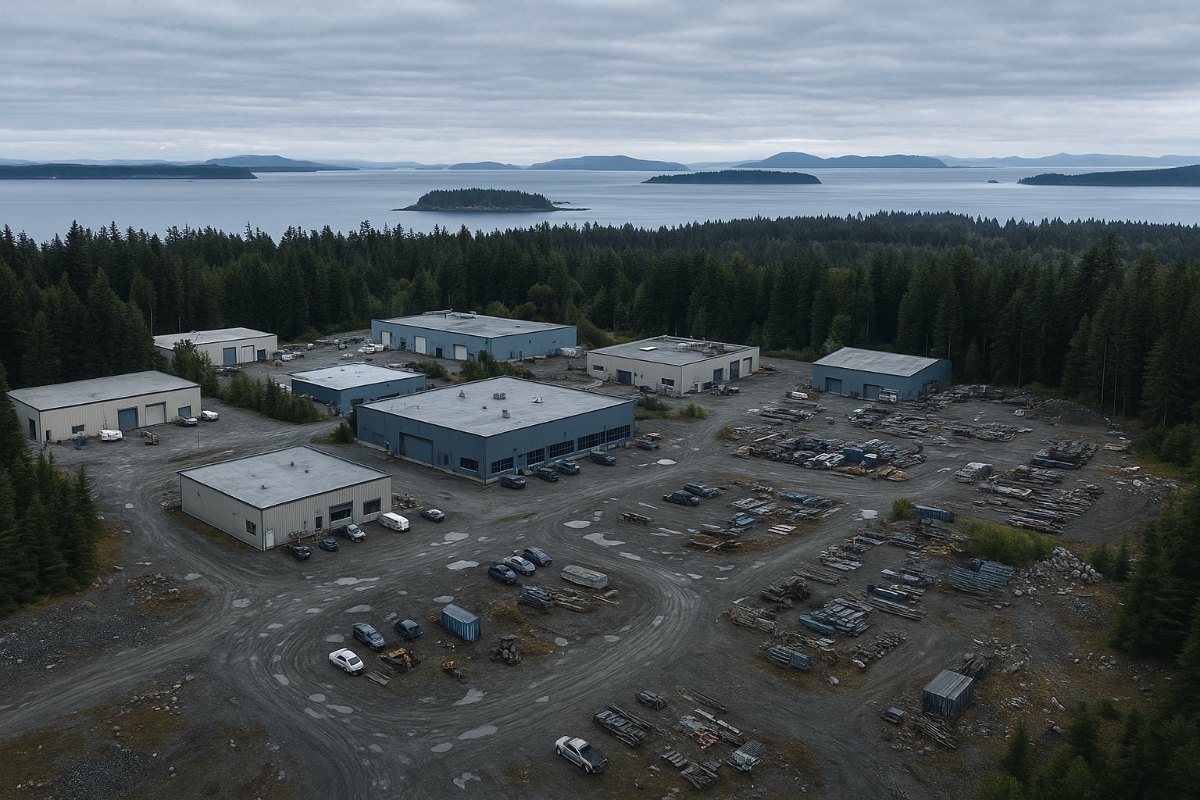 High oblique aerial view of a commercial site in the Victoria area with the Saanich Peninsula behind