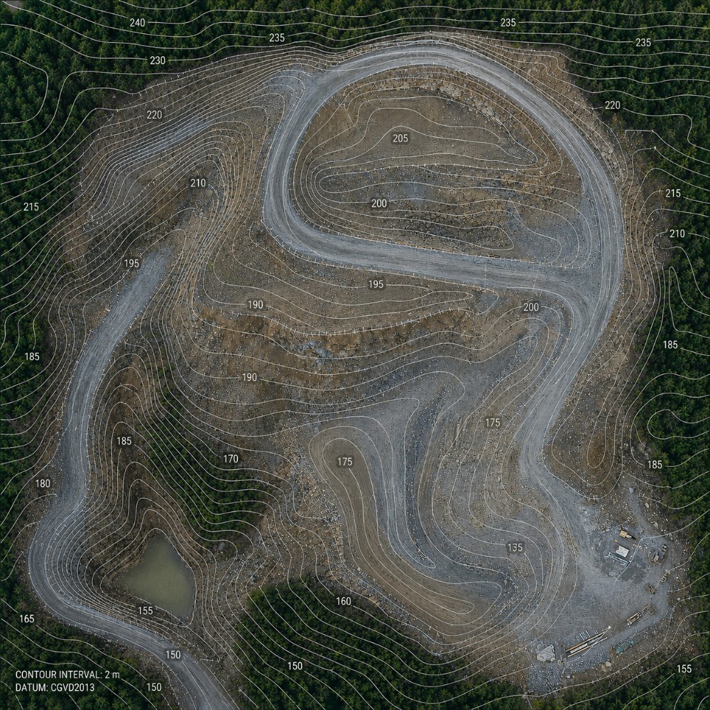 Contours at 2 metre interval on CGVD2013 overlaid on an orthomosaic of a quarry, elevations labelled from 135 to 240 metres, with haul roads, benches and a settling pond visible beneath