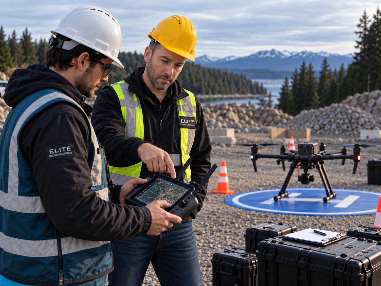 Elite Drone Solutions instructor walking a trainee through a flight plan on the DJI controller, a DJI M350 RTK on its landing pad and Pelican cases beside them at a coastal gravel site