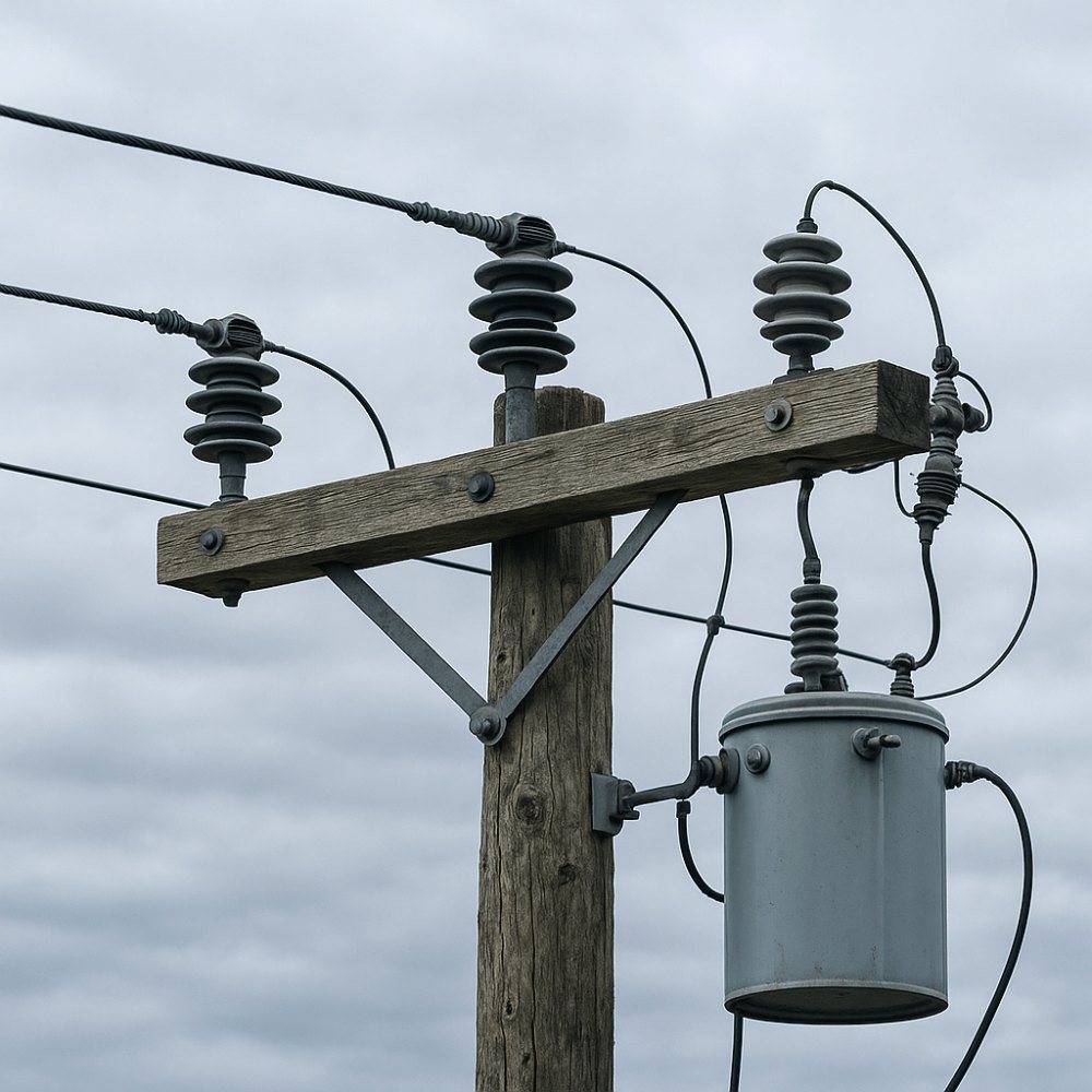 Close aerial view level with a distribution pole crossarm showing insulators, steel fittings, conductor attachment and a transformer
